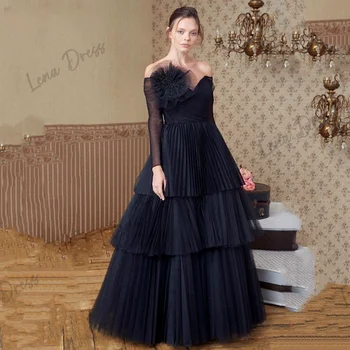 Lena-Luxus hosszú ujjú estélyi ruha fekete vonal rakott labdát ruha 2024 elegáns ki váll party ruha