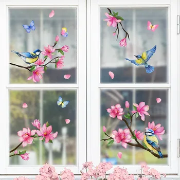Új Peach Blossom Virágos Ág Ablak Ragaszkodik A Madarak Virágos Ablak Matricák Anti-Collision Üveg Ablak, Ajtó Ablak Matrica