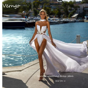 Verngo Szexi Pánt Nélküli Selyem Szatén Beach Esküvői Ruhák Vállnélküli Magas Osztott Gyöngyök Gyémánt Menyasszonyi Ruha Dubai A Nők Hivatalos Fél
