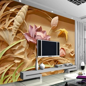 wellyu Egyéni háttérkép, 3d sztereó fénykép falfestmények fafaragás lotus freskó TV háttér falon festmény cucc de parede háttérkép