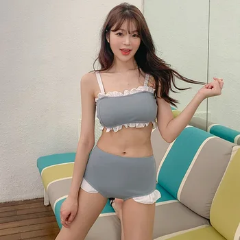 2021 Új Koreai Stílus Női Fürdőruha Tündér Koreai Konzervatív Fogyókúra Címlap Bikini Két Darab Szilárd Fürdőruha