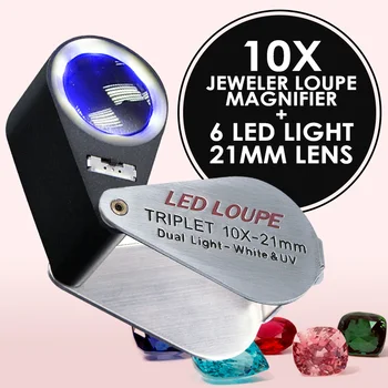 10X-es Nagyítású, Ékszerek Nagyítólencse Gem Nagyító W/ 6 LED & 1 UV Fény, Összecsukható, Mini, Zseb-méret
