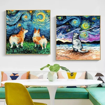 Absztrakt Van Gogh Híres Alkotás Macska, Kutya EiffelTower Szaporodás Művészeti Vászon Festmény Állatok Wall Art Kép Szoba Lakberendezés