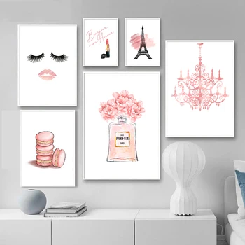 Smink Fal Művészi Nyomatok Divat Rózsaszín Pír Párizs Szempillák Parfüm Plakátok Nő Szoba Díszítő Festés Vászon Képek Lányok Ajándék