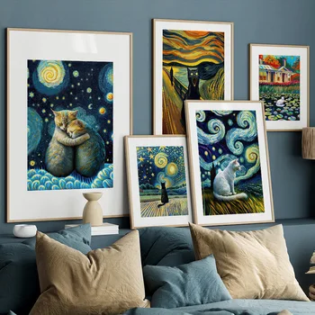 Akvarell Fekete Macska A Csillagos Ég, Hold, Csillagok, Wall Art Északi Absztrakt Plakátok, Képek Nappali Dekor Nyomatok Vászonra Festés