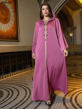 Siskakia Muszlim Nő Keleti Ruha Dubai Luxus Este Fél Szatén Ruha Divat Gyöngyfűzés Hosszú Ujjú Kapucnis Nyak Arab Abaya