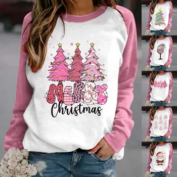 Elöl Nyitott Ing, Női Pink Karácsonyi Pólók Női Raglán Ujjú Vicces karácsonyfa Nyomtatás Aranyos Mikulás Grafikus Póló