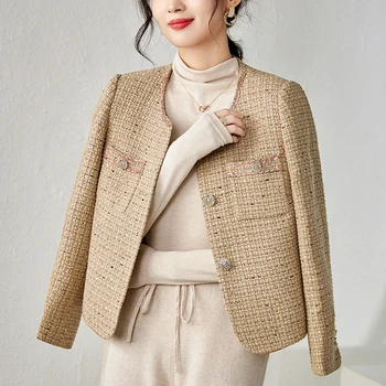 30% Gyapjú Sző Tweed Női Klasszikus Őszi Kabát Téli Elegáns Kabát Kabátok Női Hosszú Ujjú Office Lady Öltöny Kabát