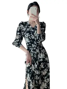 Franch Elegáns Őszi hosszú ujjú női fekete fehér virágos nyomtatott ruha a plus size Tavaszi Elegáns iroda hölgy szexi Szét a ruha, 5XL