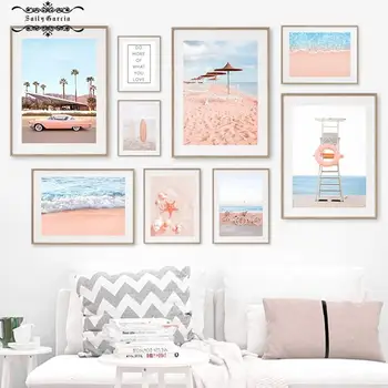 Ocean Beach Társalgó Palm Autó Motor Csillag Vászon Festmény Északi Poszterek, Nyomatok, Rózsaszín Wall Art Képek Nappali Dekor